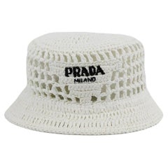 Prada Logo Embroidered Raffia Bucket Hat Large