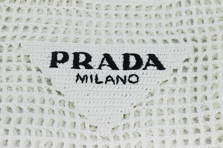 Beige Prada Logo Embroidered Raffia Tote Bag For Sale