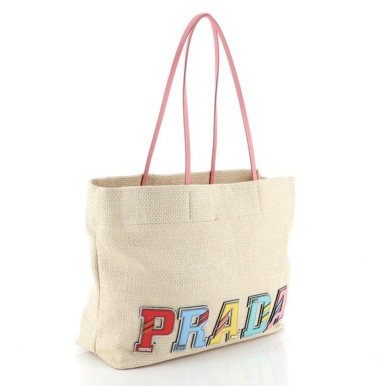 prada small logo raffia tote