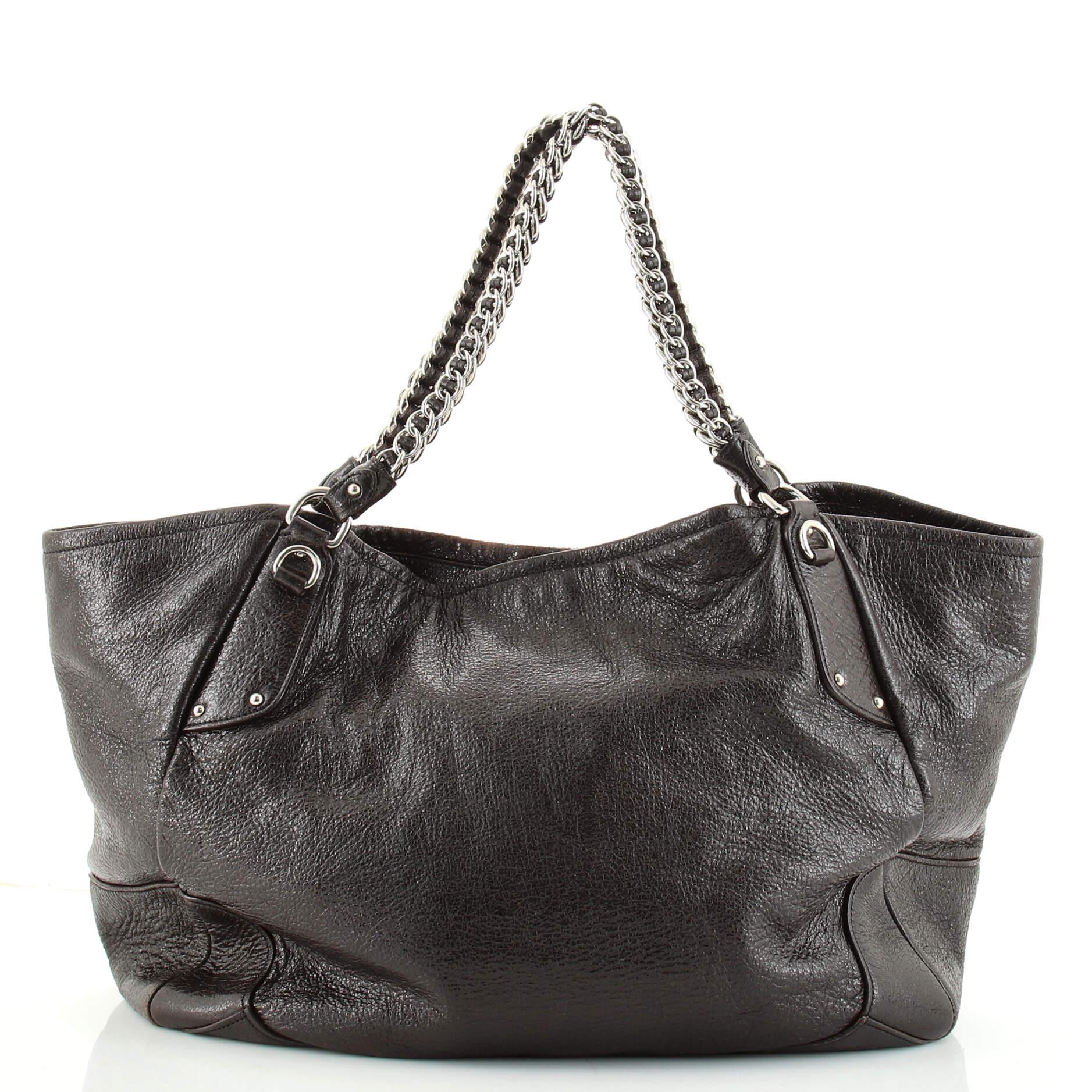 Black Prada Lux Chain Side Pocket Hobo Cervo Leather Large