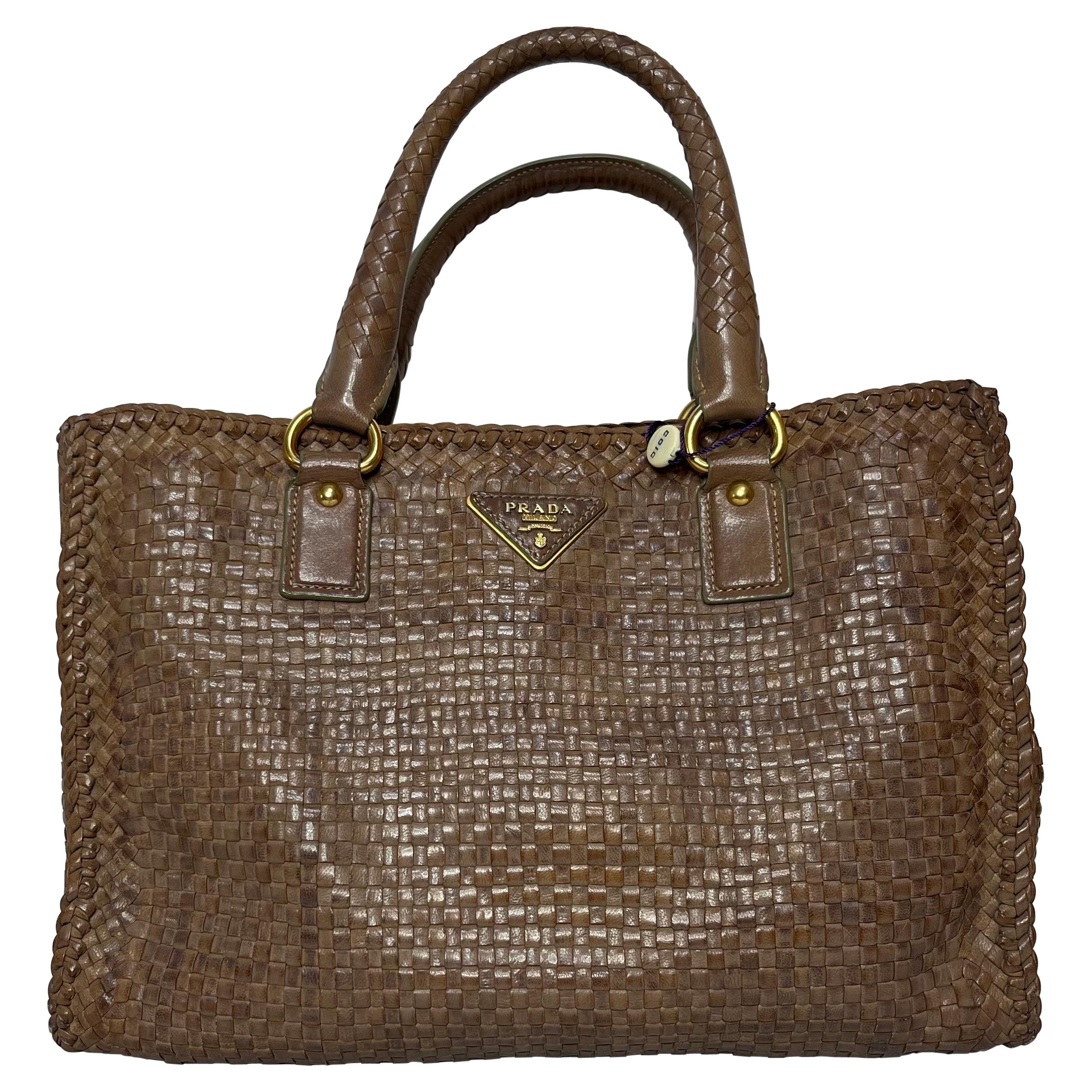 Prada Madras Brown Woven Leather Top Handle Shopping Tote