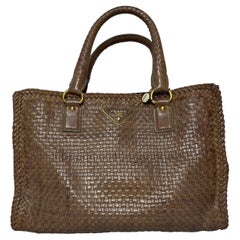 Prada Madras Brown Woven Leather Top Handle Shopping Tote