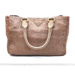 Prada Madras Brown Woven Leather Top Handle Shopping Tote Medium