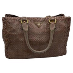 Prada Madras Brown Woven Leather Top Handle Shopping Tote Medium