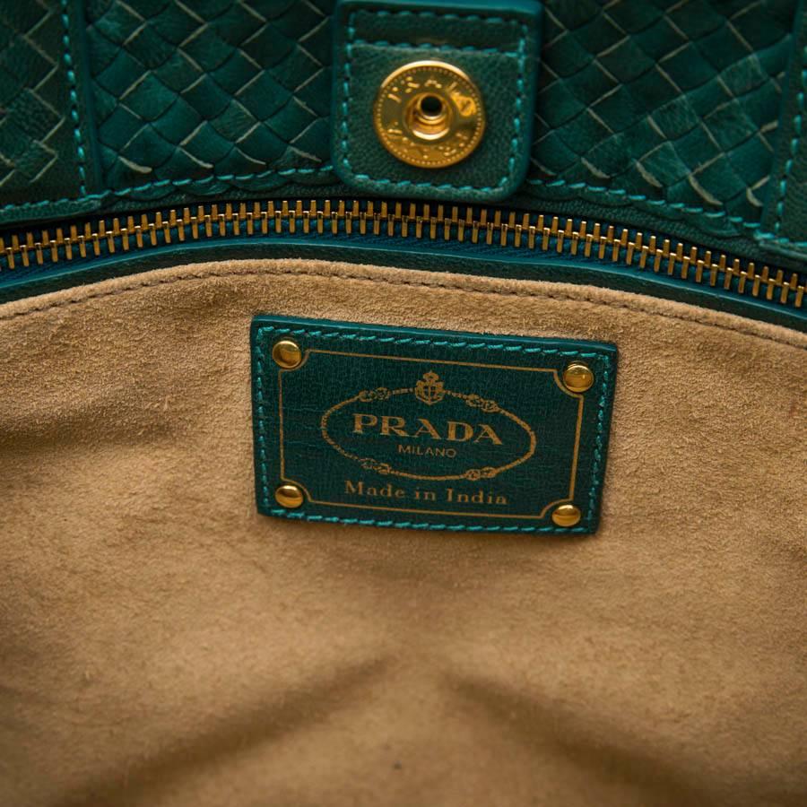 PRADA 'Madras' Shopping Bag in Peacock Green Braided Leather 3