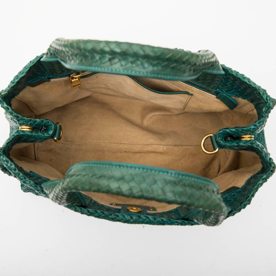 PRADA 'Madras' Shopping Bag in Peacock Green Braided Leather 4