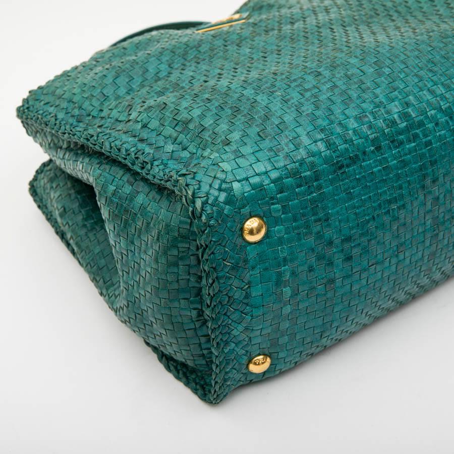 PRADA 'Madras' Shopping Bag in Peacock Green Braided Leather In Good Condition In Paris, FR