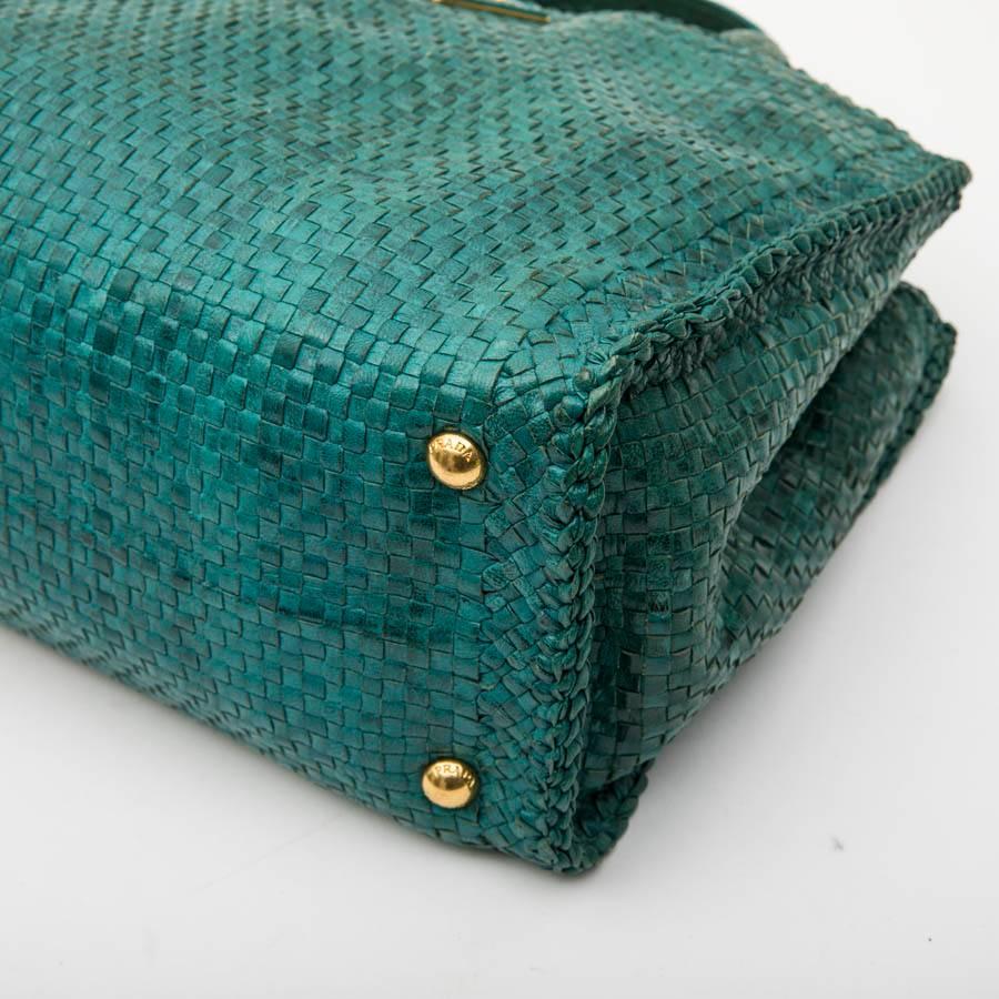 Women's PRADA 'Madras' Shopping Bag in Peacock Green Braided Leather