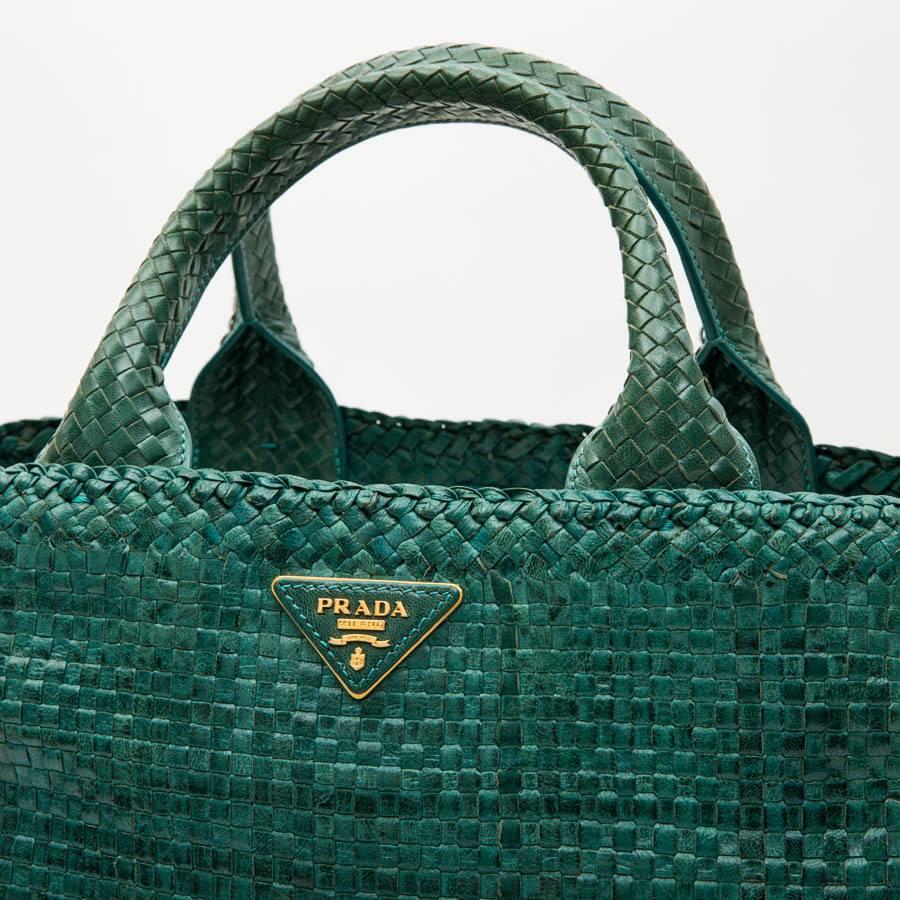 PRADA 'Madras' Shopping Bag in Peacock Green Braided Leather 1