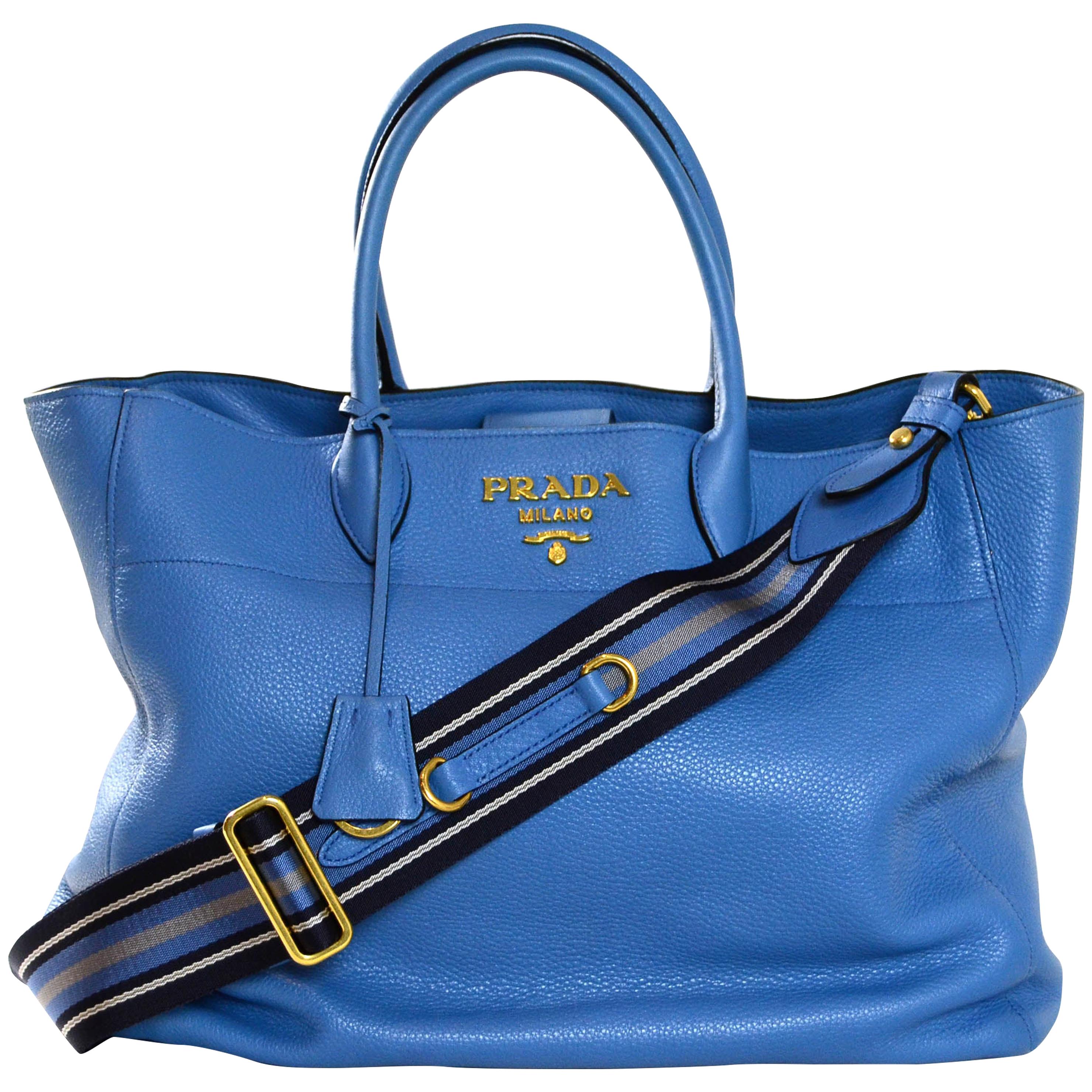 Prada Mare Blue Vitello Daino Leather Tote Bag w/ Strap rt. $1,970 at  1stDibs