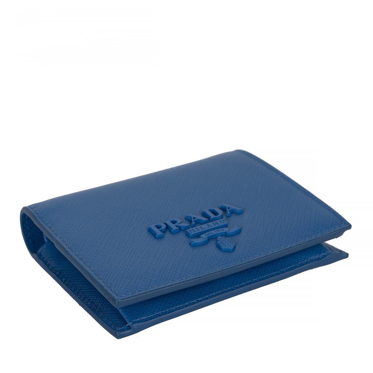 Blu Portafoglio PRADA Marea blu in pelle saffiano lucida SMALL 1MV204 in vendita