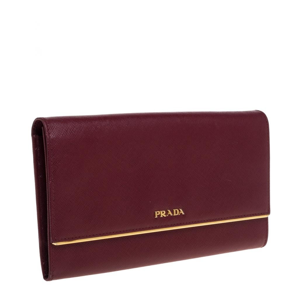 Black Prada Maroon Saffiano Leather Metal Detail Clutch