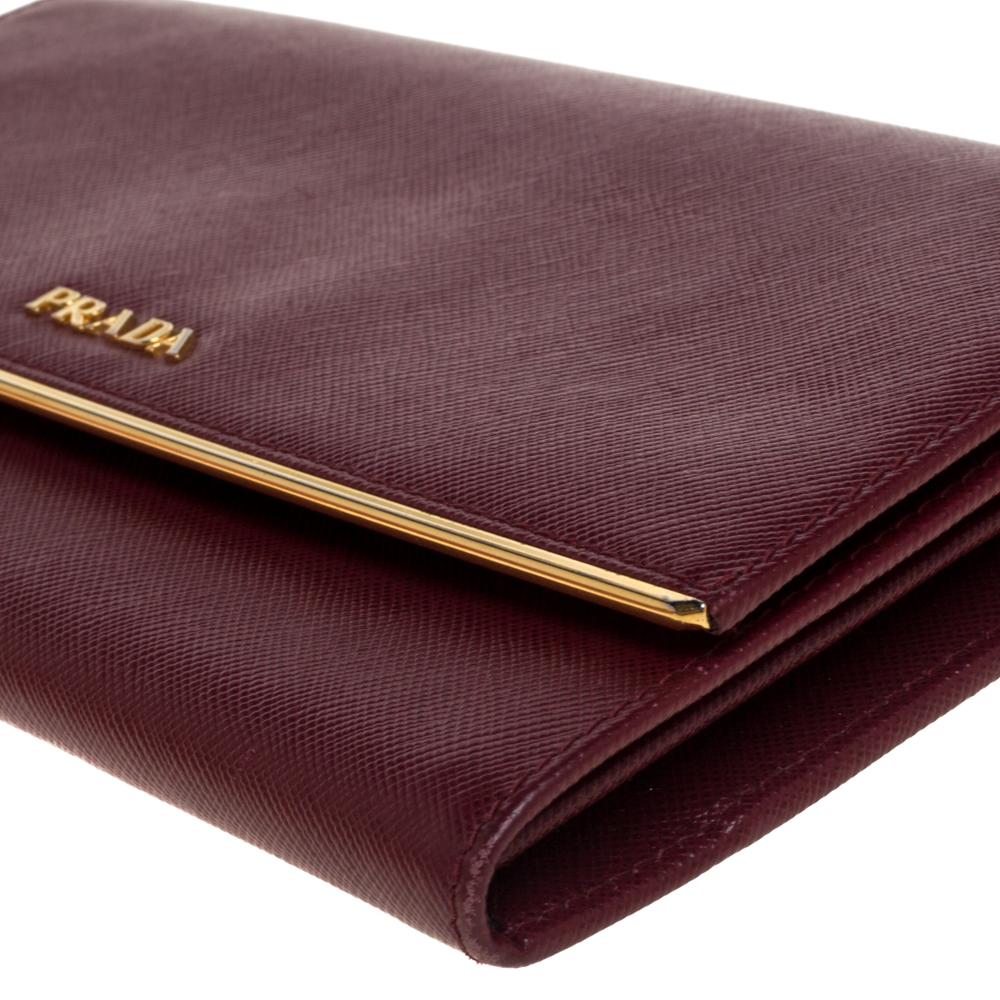 Women's Prada Maroon Saffiano Leather Metal Detail Clutch