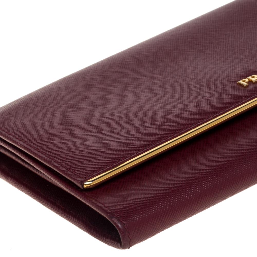 Prada Maroon Saffiano Leather Metal Detail Clutch 1