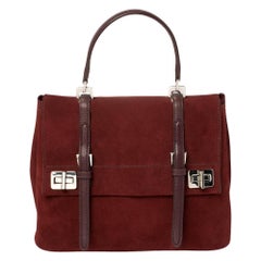 Prada Maroon Suede and Leather Double Turn Lock Top Handle Bag