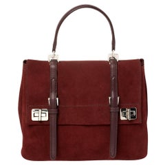 Prada Maroon Suede and Leather Double Turn Lock Top Handle Bag