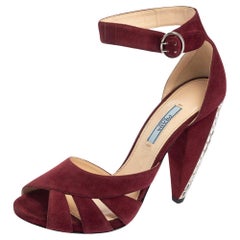Prada Maroon Suede Crystal Embellished Heel Peep Toe Ankle Strap Sandals Size 39