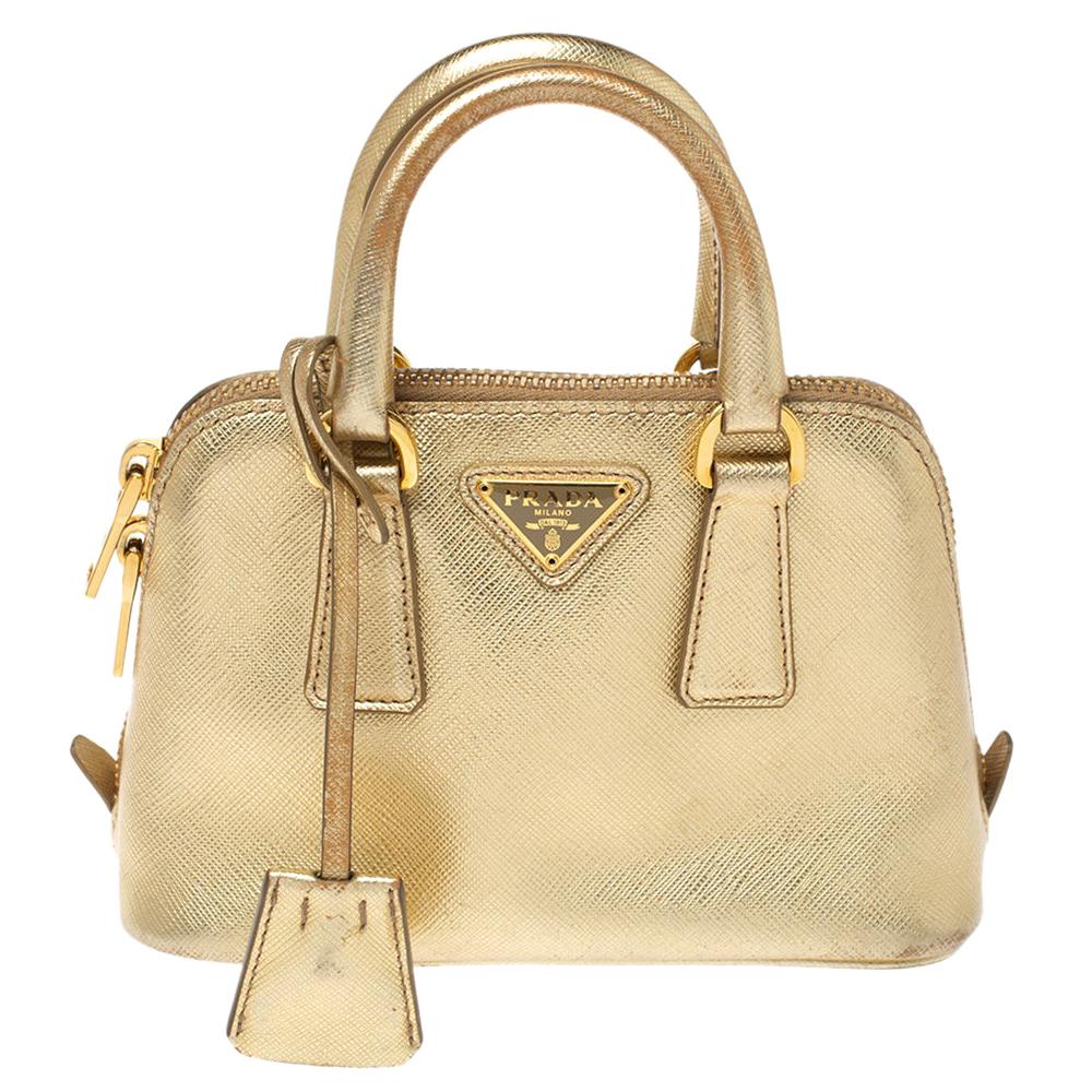 Prada Meatllic Gold Saffiano Lux Leather Mini Promenade Crossbody Bag