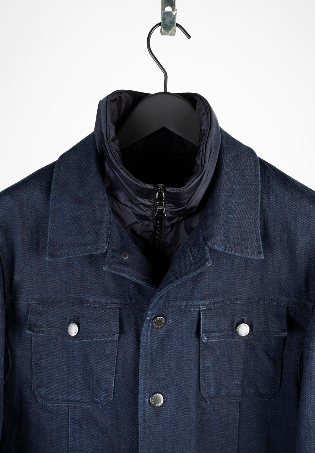 100% genuine Prada Denim Bomber Jacket with linning, S703 
Color: blue
(An actual color may a bit vary due to individual computer screen interpretation)
Material: 100% cotton
Tag size: ITA52 (M/L)
This jacket is great quality item. Rate 9 of 10,