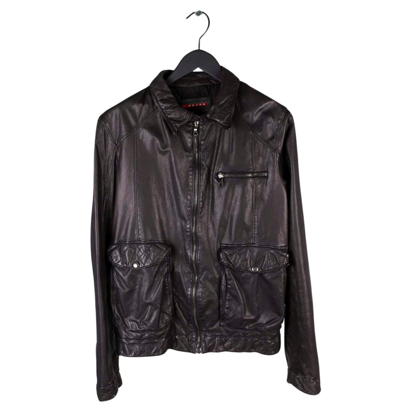 Prada Men Leather Jacket Brown Biker Size L, S562 For Sale