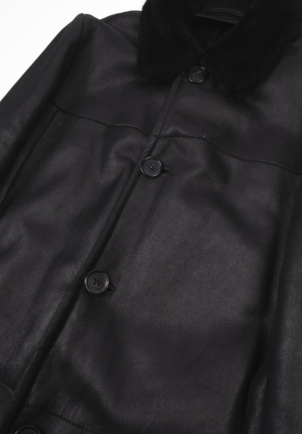 Black Prada Men Shearling Coat Leather Lng Size ITA46/Medium, S1222 For Sale
