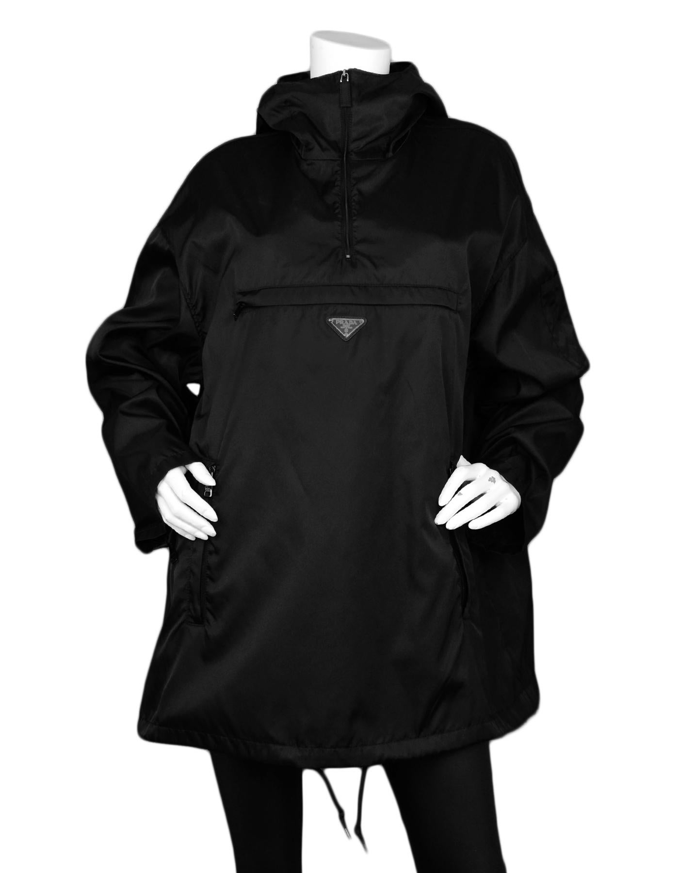 Prada Men's Black Nylon Gabardine Anorak Jacket sz XL rt $1,360 . Features hood.

Made In: Romania
Color: Black
Materials: 100% nylon
Lining: 100% polyamide
Opening/Closure:  Pullover
Overall Condition: Excellent pre-owned condition, with the