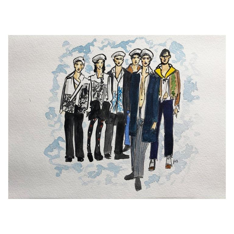 Prada Men's Fall Fashion show, Watercolor  illustration on archive paper.