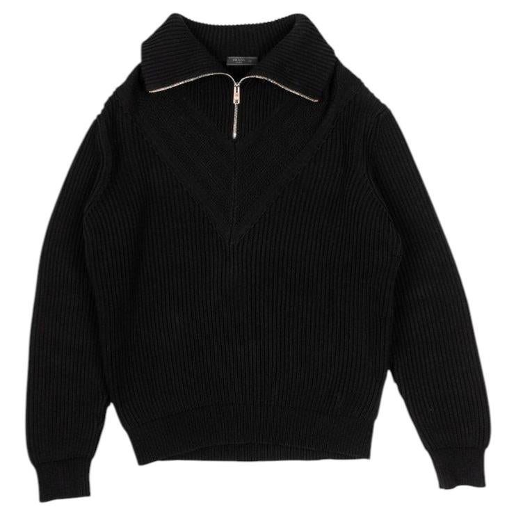 Pull à col montant en maille épaisse Prada pour homme, noir, en coton en vente