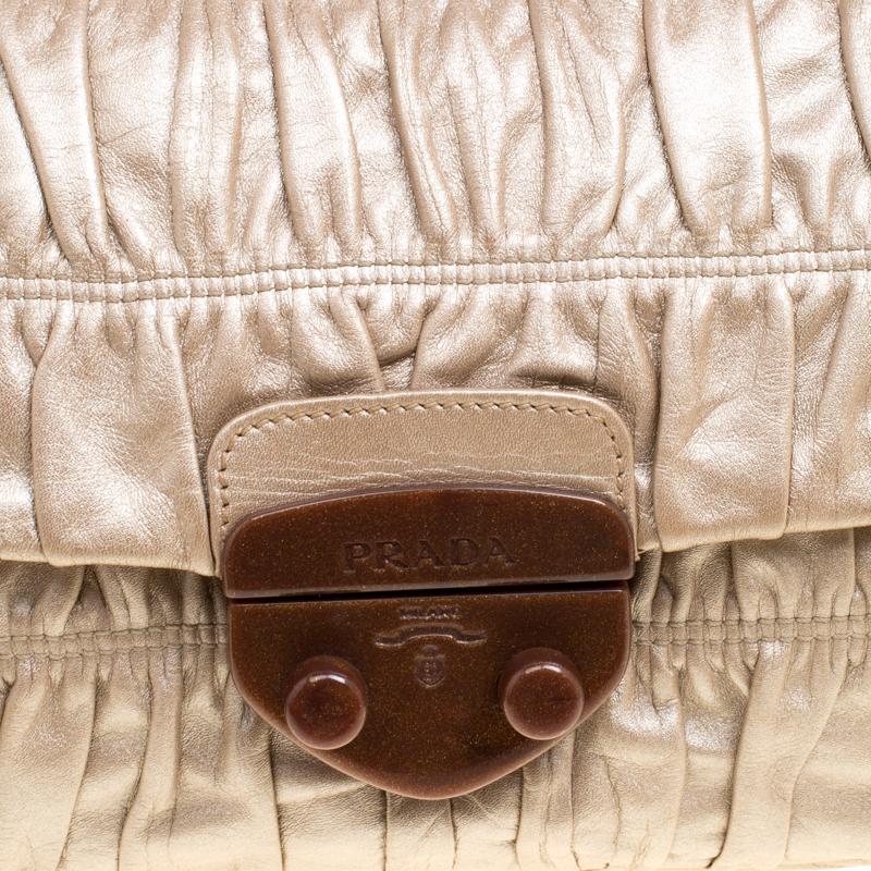 Women's Prada Metallic Beige Leather Gaufre Chain Shoulder Bag
