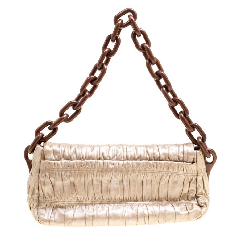Prada Metallic Beige Leather Gaufre Chain Shoulder Bag For Sale at
