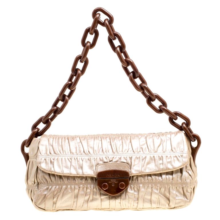 Prada Metallic Beige Leather Gaufre Chain Shoulder Bag