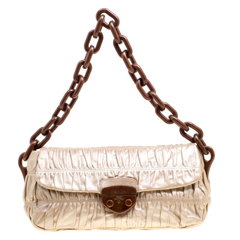 Prada Metallic Beige Leather Gaufre Chain Shoulder Bag