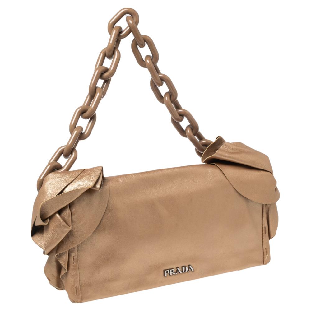 Prada Metallic Beige Leather Ruffle Chain Shoulder Bag 4