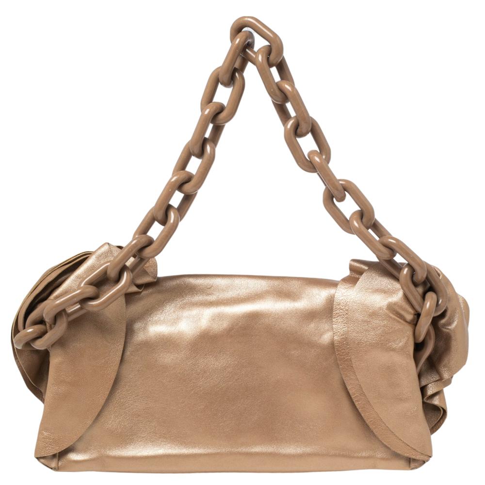 Prada Metallic Beige Leather Ruffle Chain Shoulder Bag 5