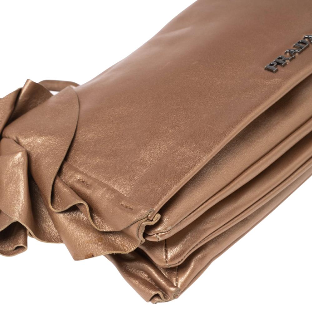 Women's Prada Metallic Beige Leather Ruffle Chain Shoulder Bag