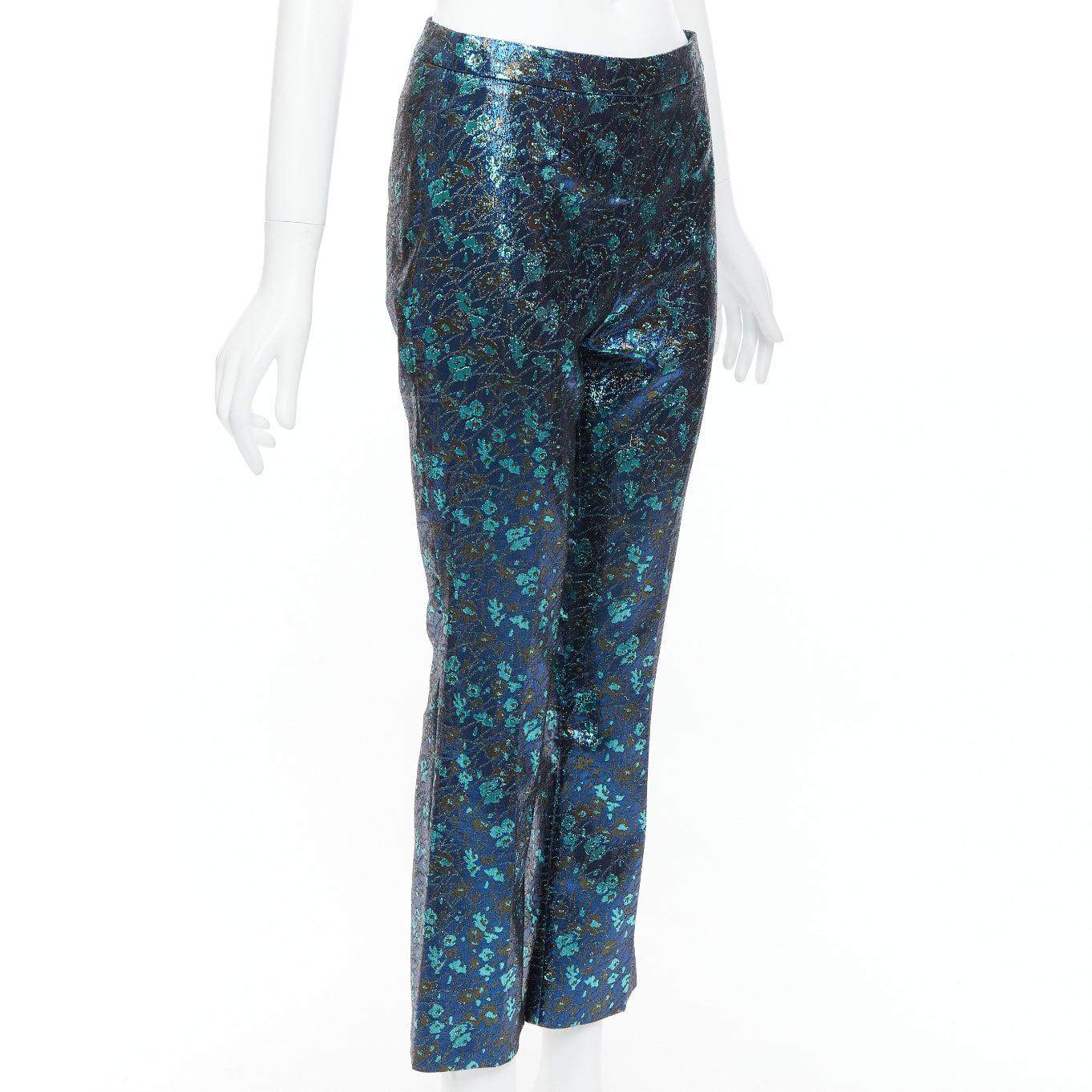 Blue PRADA metallic blue green floral lurex brocade crop pants trousers IT38 XS For Sale
