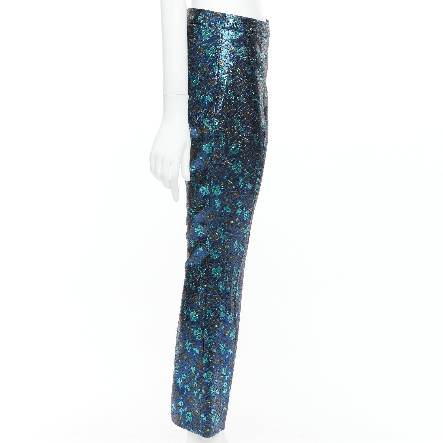 PRADA metallic blue green floral lurex brocade crop pants trousers IT38 XS In Good Condition For Sale In Hong Kong, NT