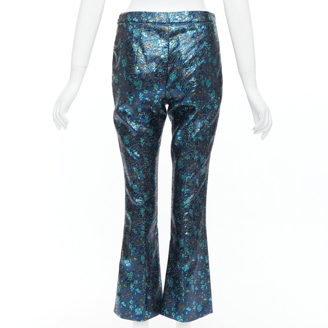 Women's PRADA metallic blue green floral lurex brocade crop pants trousers IT38 XS For Sale