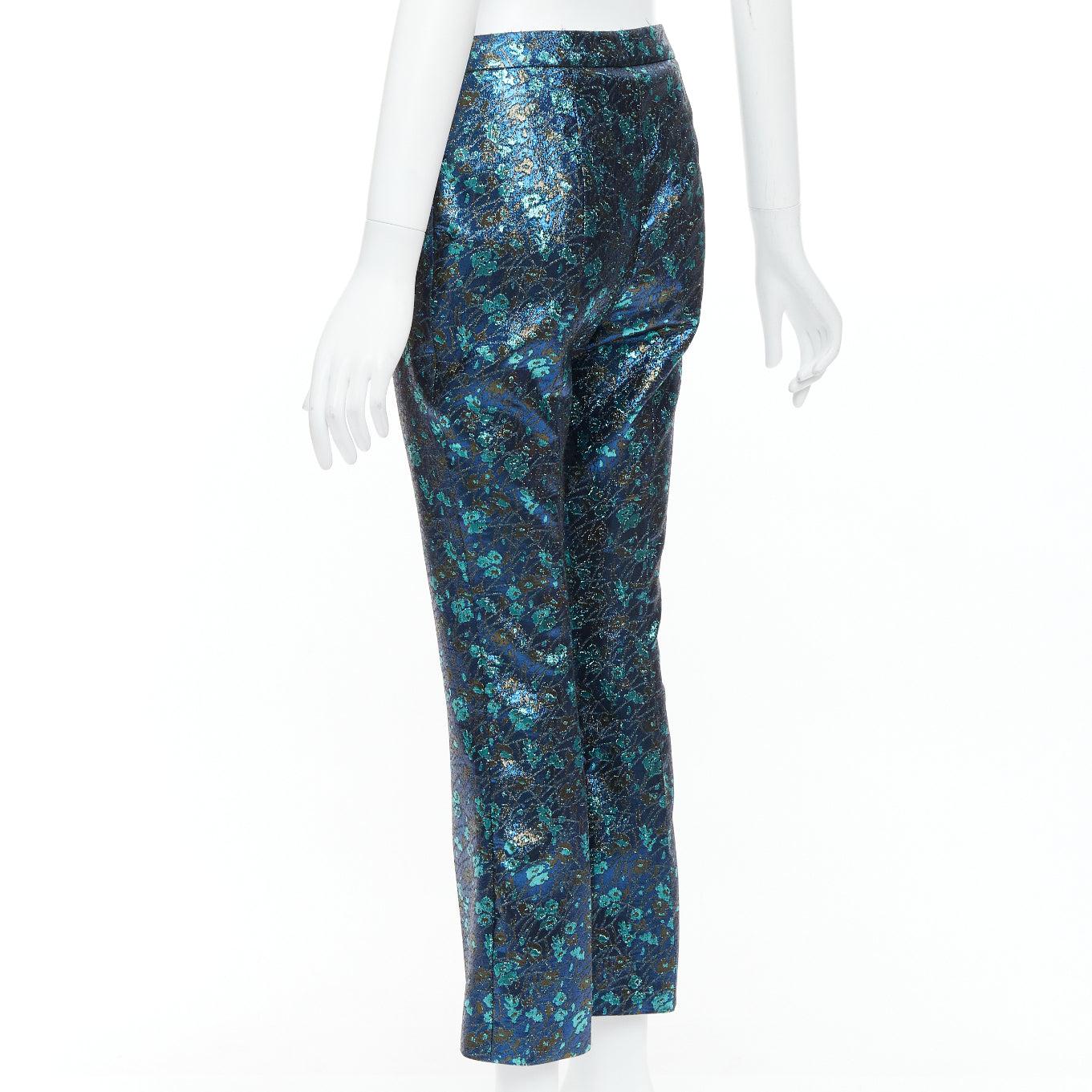 PRADA metallic blue green floral lurex brocade crop pants trousers IT38 XS For Sale 1