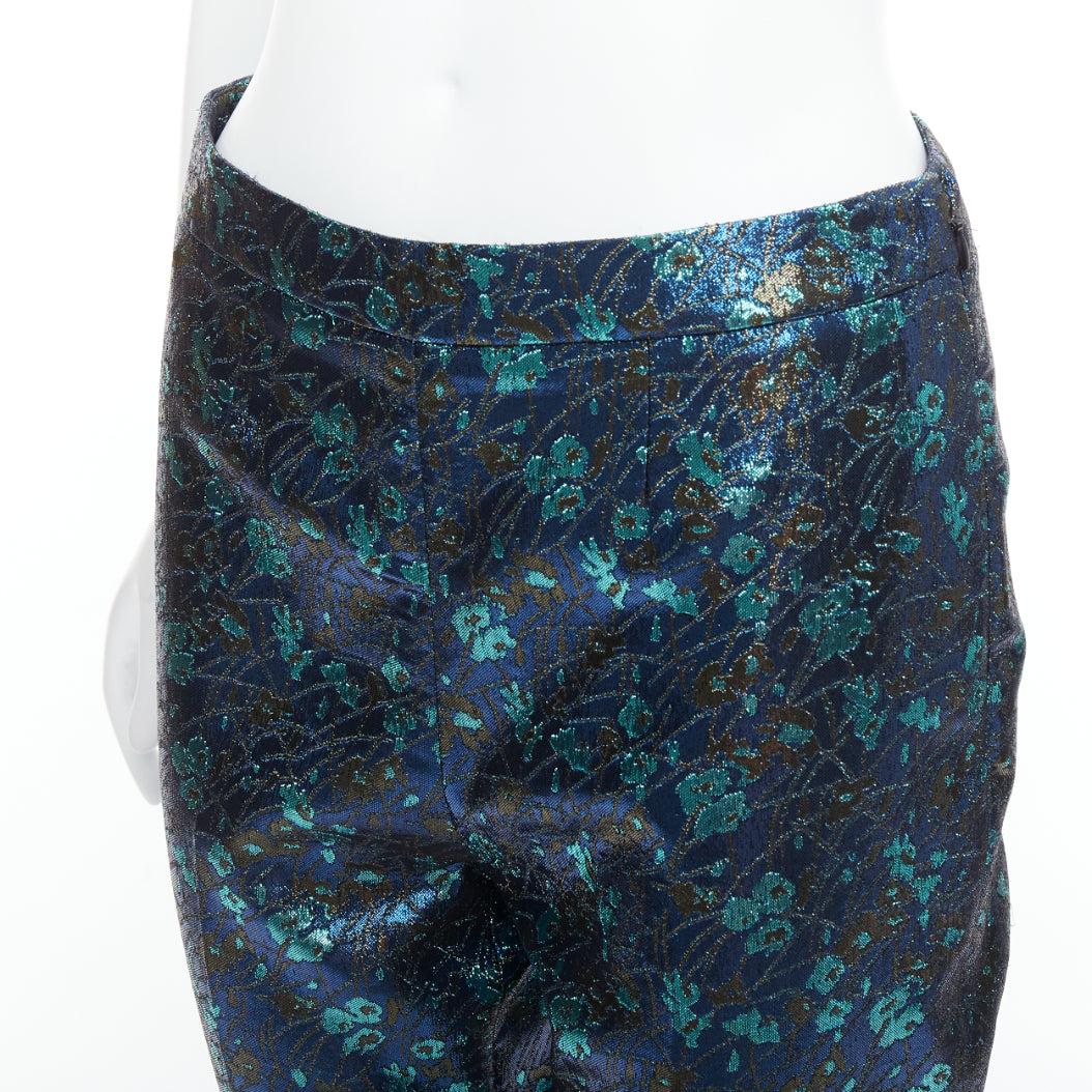 PRADA metallic blue green floral lurex brocade crop pants trousers IT38 XS For Sale 2
