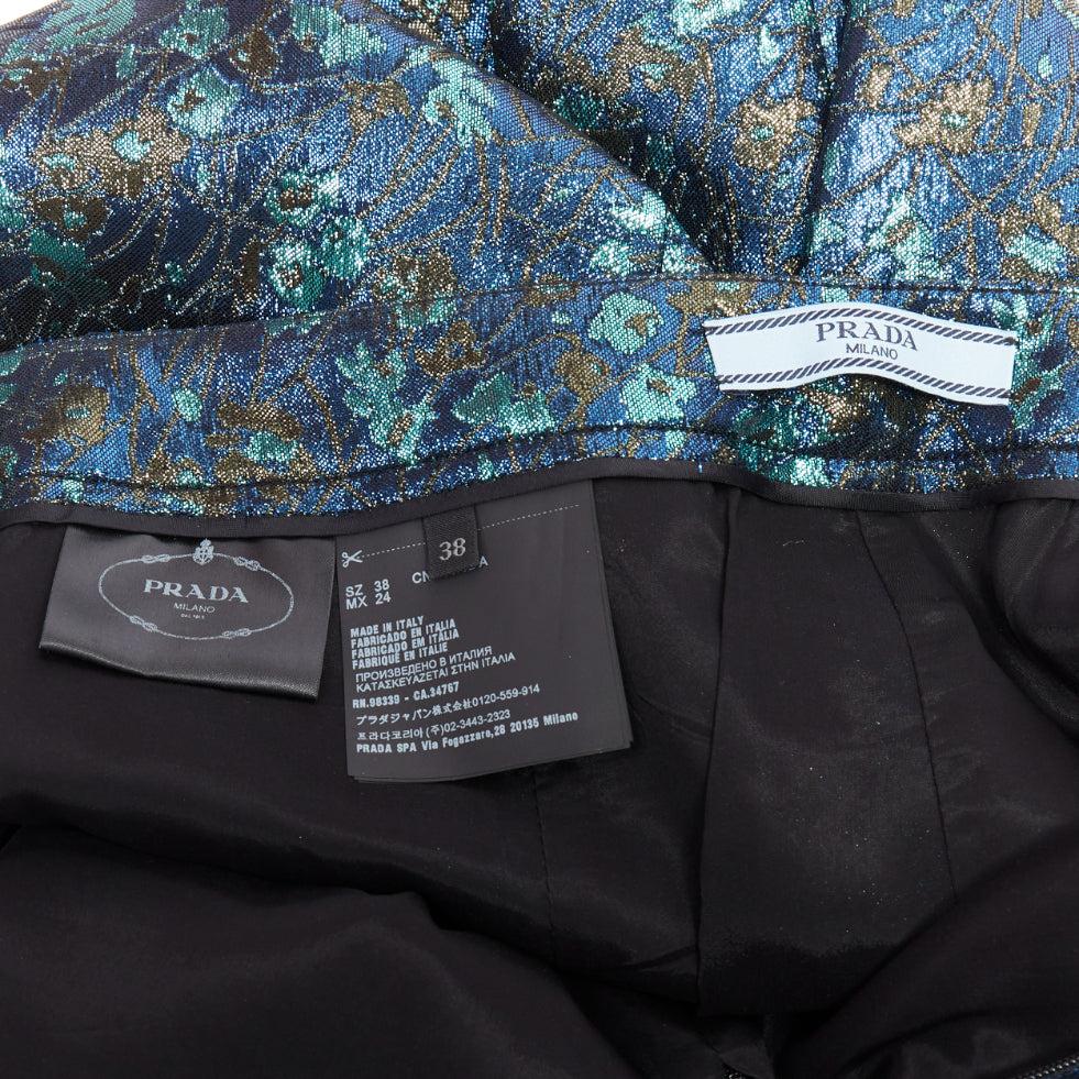 PRADA metallic blue green floral lurex brocade crop pants trousers IT38 XS For Sale 3