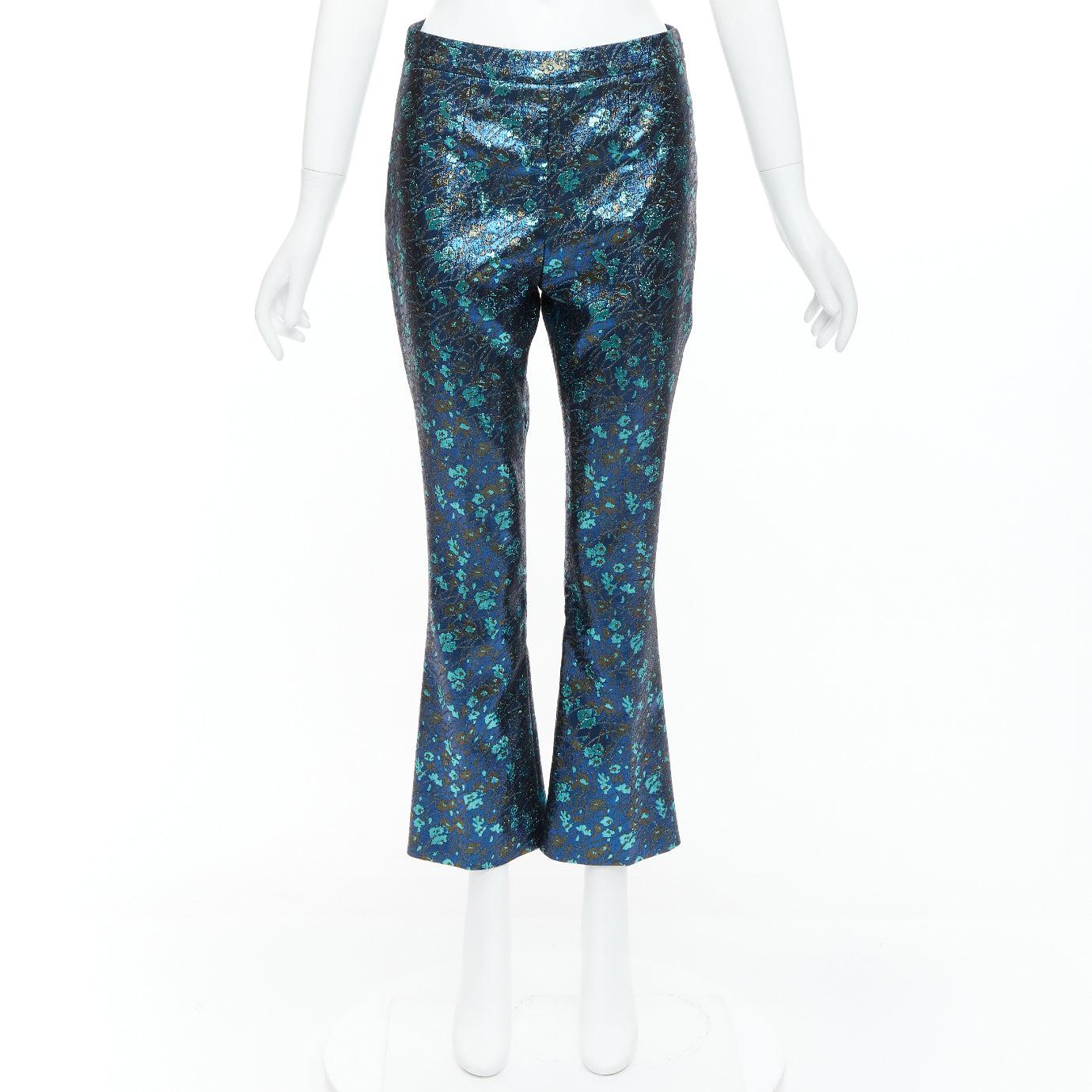 PRADA metallic blue green floral lurex brocade crop pants trousers IT38 XS For Sale 4
