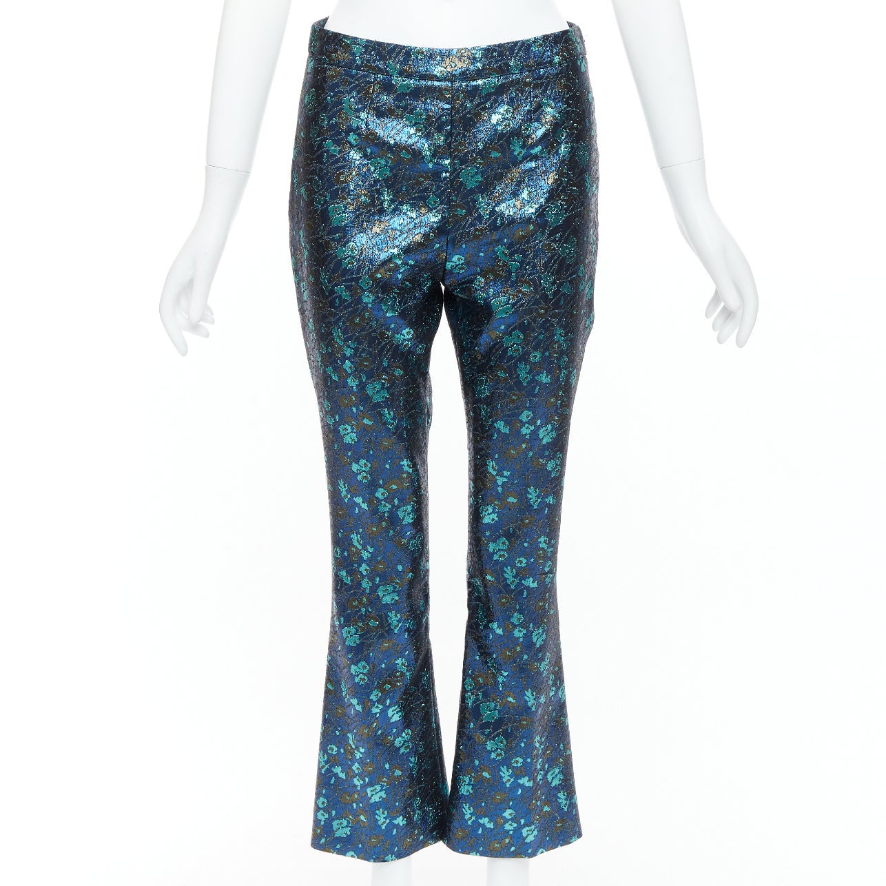 Pre-owned Miuccia Prada Prada Metallic Blue Green Floral Lurex Brocade Crop Pants Trousers It38 Xs
