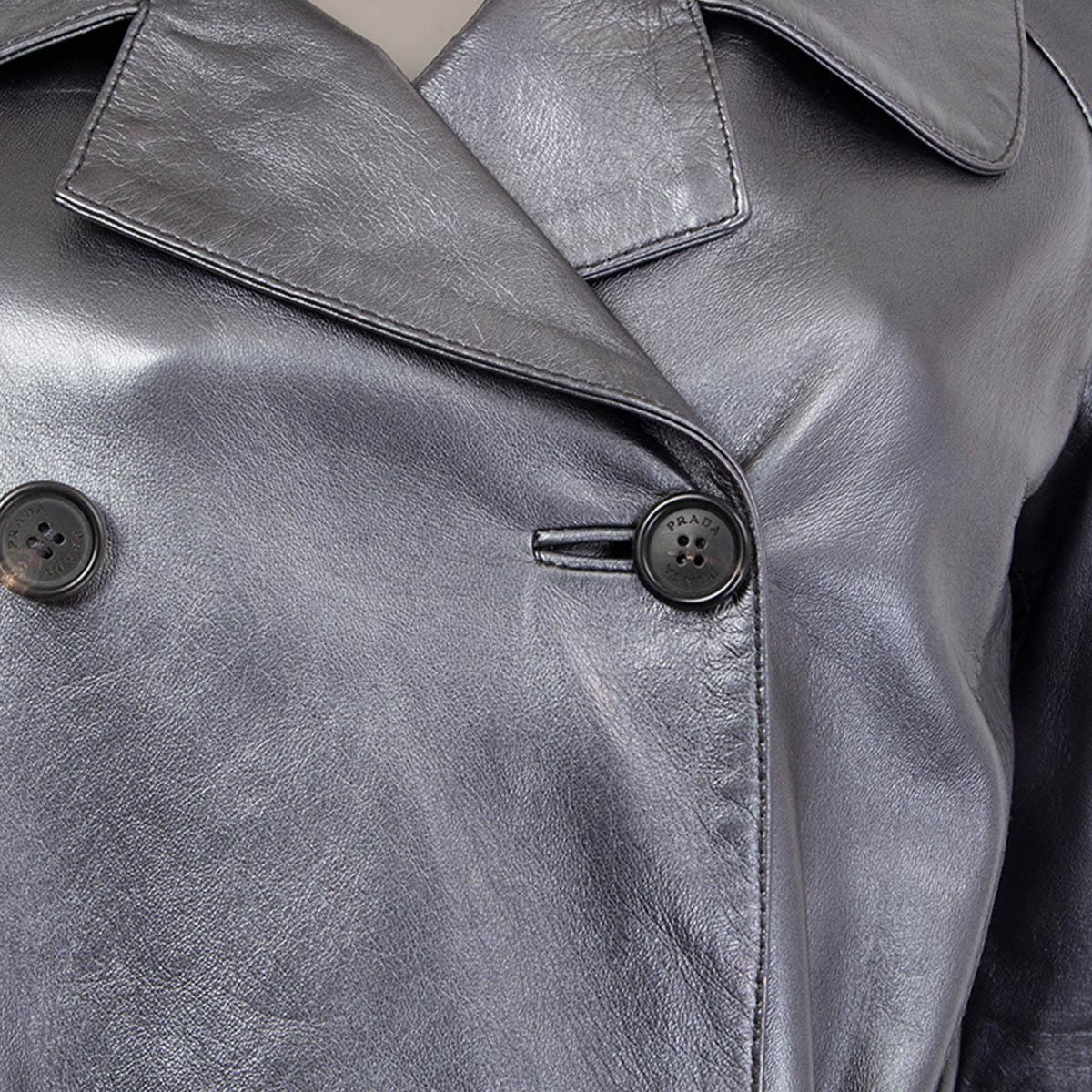 Gray PRADA metallic blue leather TRENCH Coat Jacket 40 S For Sale