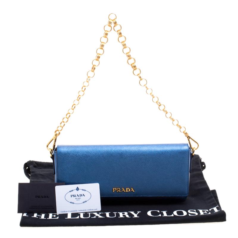 Prada Metallic Blue Saffiano Lux Leather Chain Shoulder Bag 7