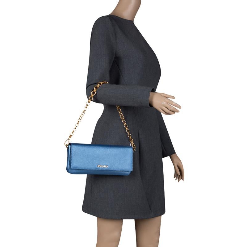 Prada Metallic Blue Saffiano Lux Leather Chain Shoulder Bag In Excellent Condition In Dubai, Al Qouz 2
