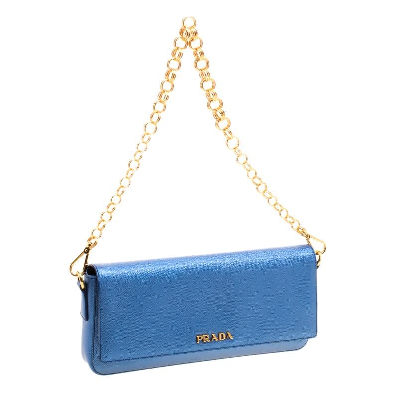 Women's Prada Metallic Blue Saffiano Lux Leather Chain Shoulder Bag