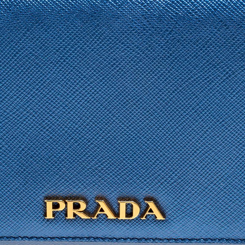 Prada Metallic Blue Saffiano Lux Leather Chain Shoulder Bag 1