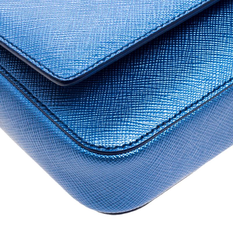 Prada Metallic Blue Saffiano Lux Leather Chain Shoulder Bag 5