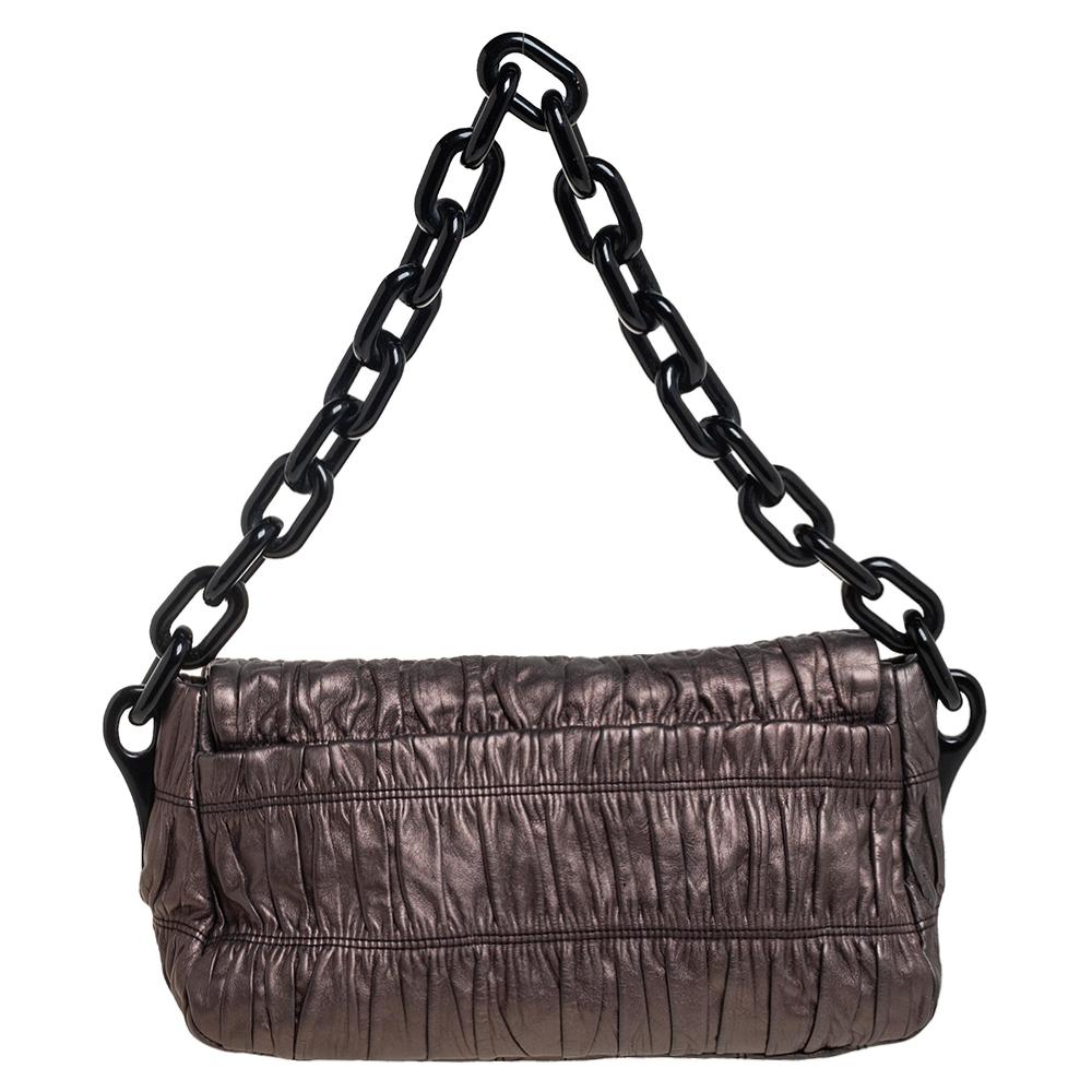Black Prada Metallic Bronze Gaufre Leather Chain Shoulder Bag